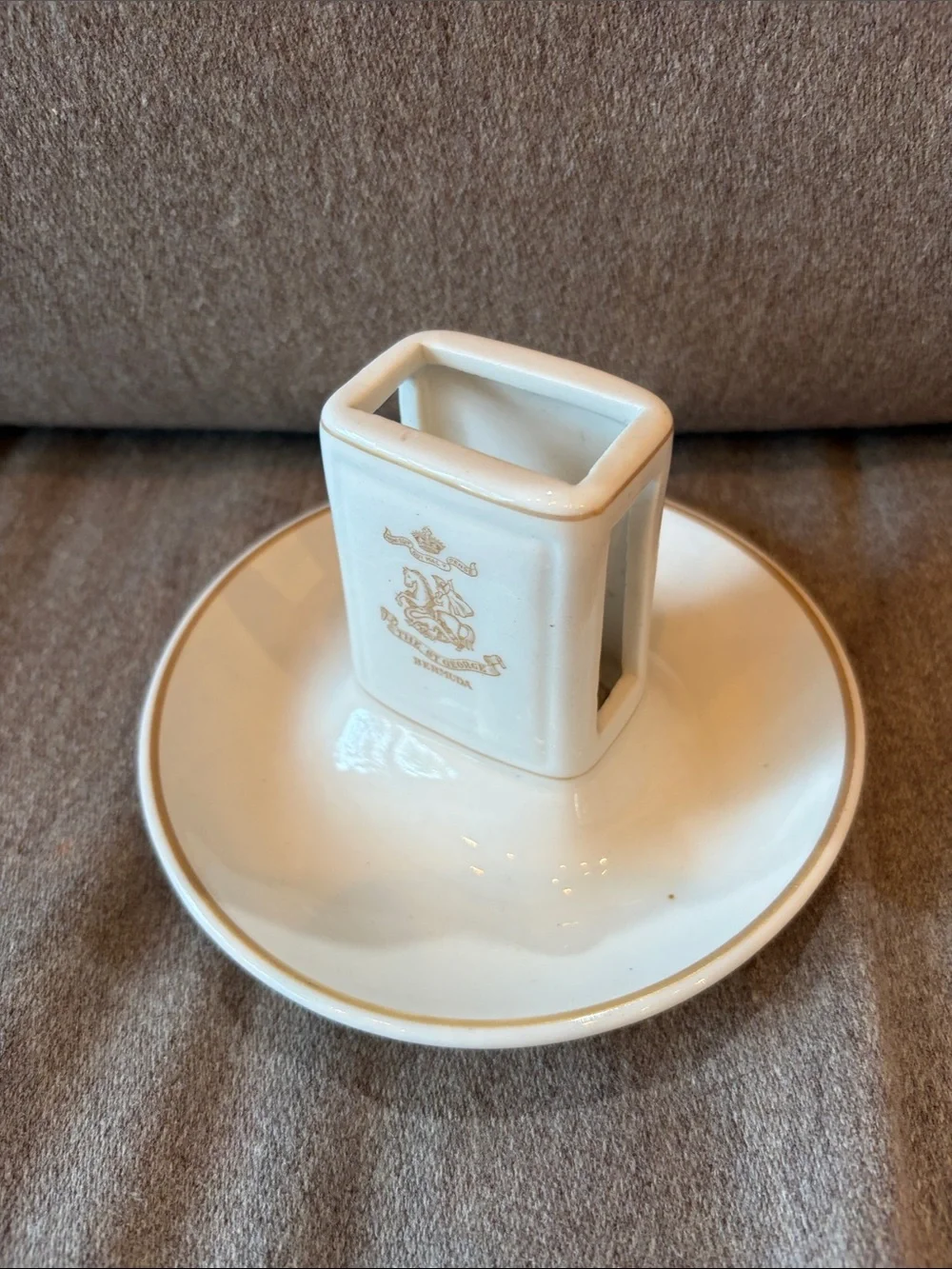 Vintage The St. George Bermuda Porcelain and Gold ash tray and matchbook holder